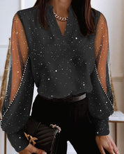 Elegant Women’s Blouse with V-Neck Long Sleeves Transparent Detail