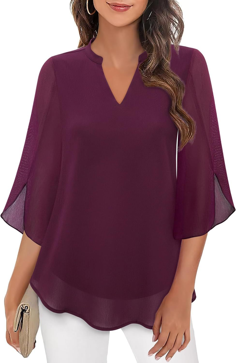 Luchtige Losvallende Blouse Dames met Splitnek en Driekwartmouwen