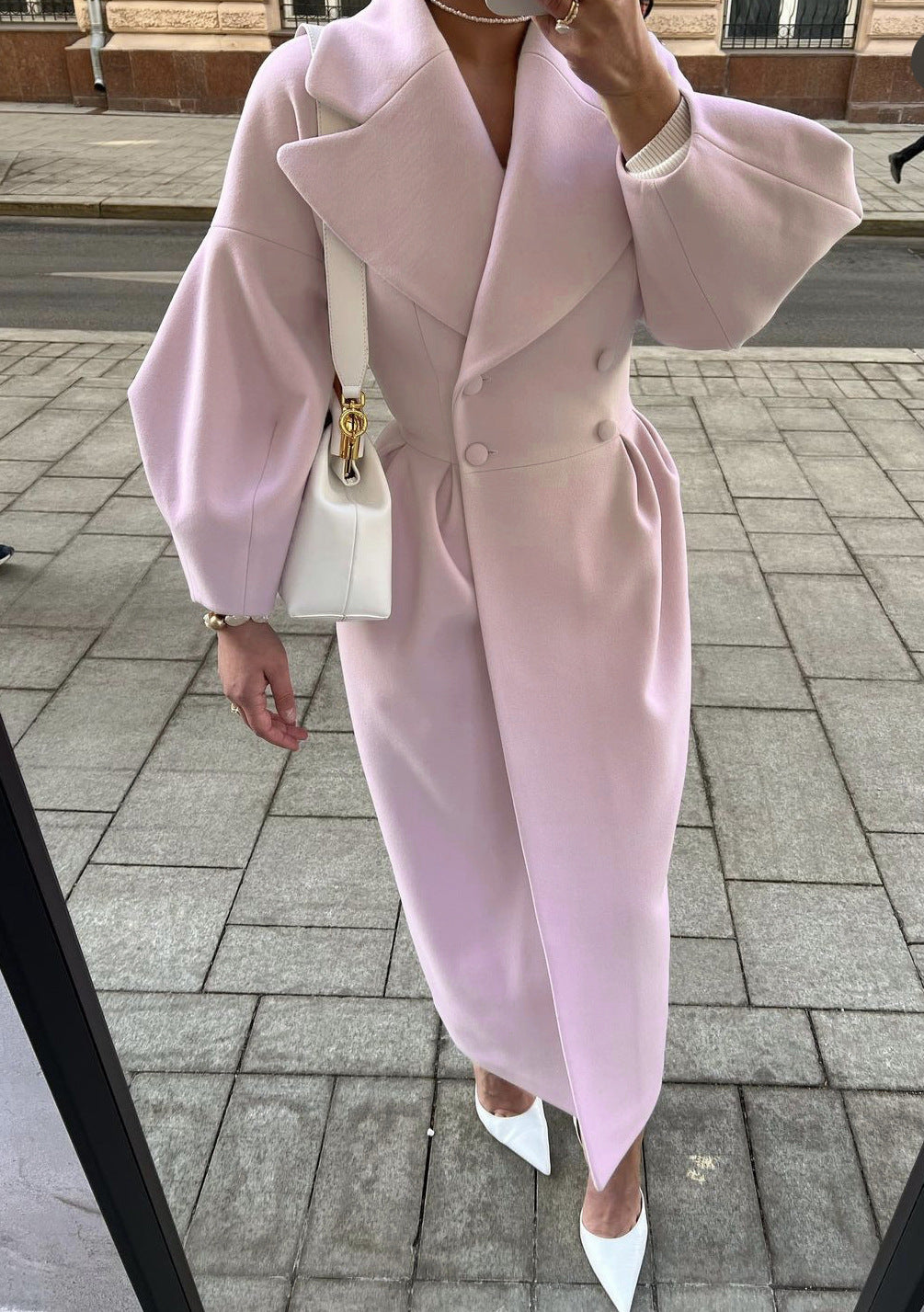 Damski elegancki dwurzędowy płaszcz zimowy maxi z kołnierzem z klapami