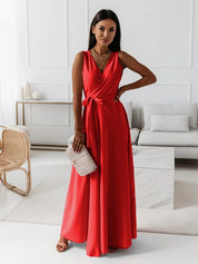 Elegant Cocktail Maxi Dress with V-Neck and Bow Detail