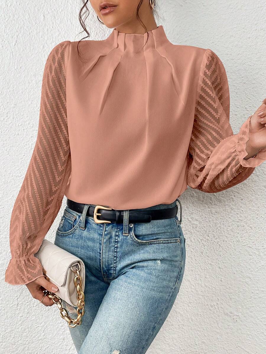 Dames Blouse met Transparante Mouwen en Geplooide Hals