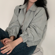 Blouson bomber court effet suède pour femmes, stylé et tendance avec fermeture éclair