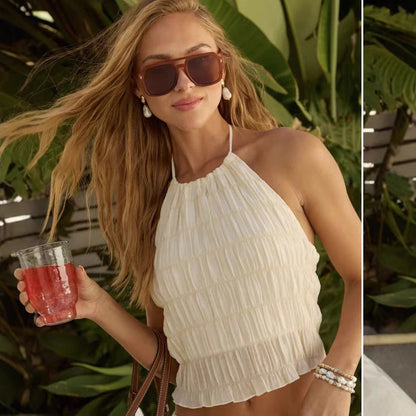 Salma - Halterneck plissé crop top met ruches