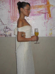 White Chic Off-Shoulder Maxi Dress with Open Back for Women Gala