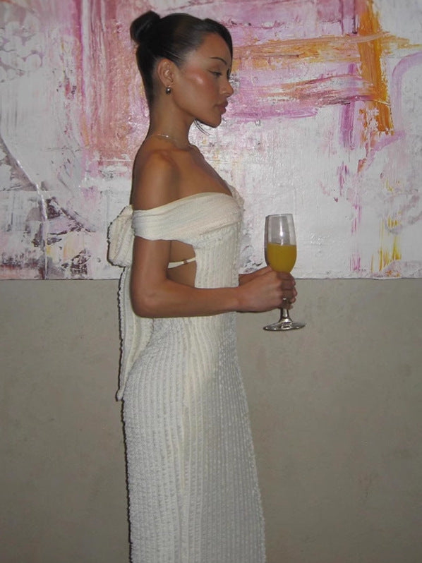 White Chic Off-Shoulder Maxi Dress with Open Back for Women Gala