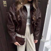 Leather Jacket for Women Short Brown with Zipper, Pockets, and Oversized Fit