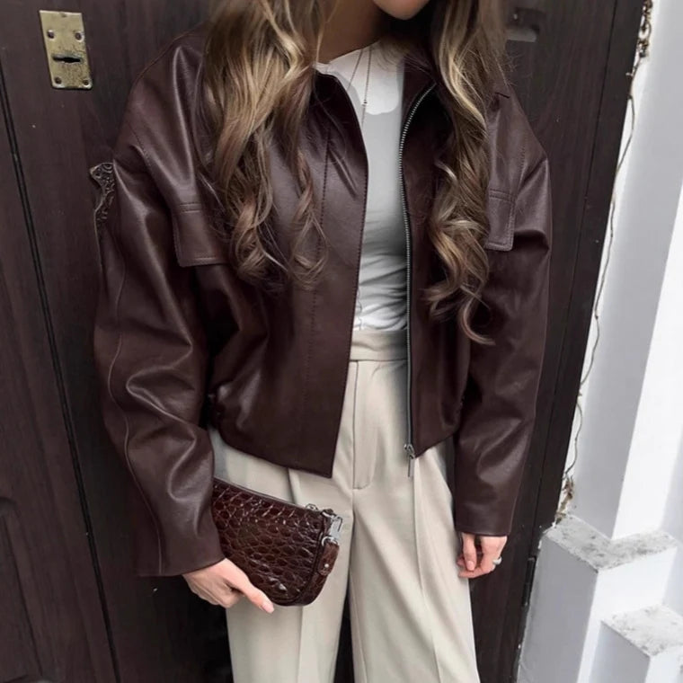Leather Jacket for Women Short Brown with Zipper, Pockets, and Oversized Fit
