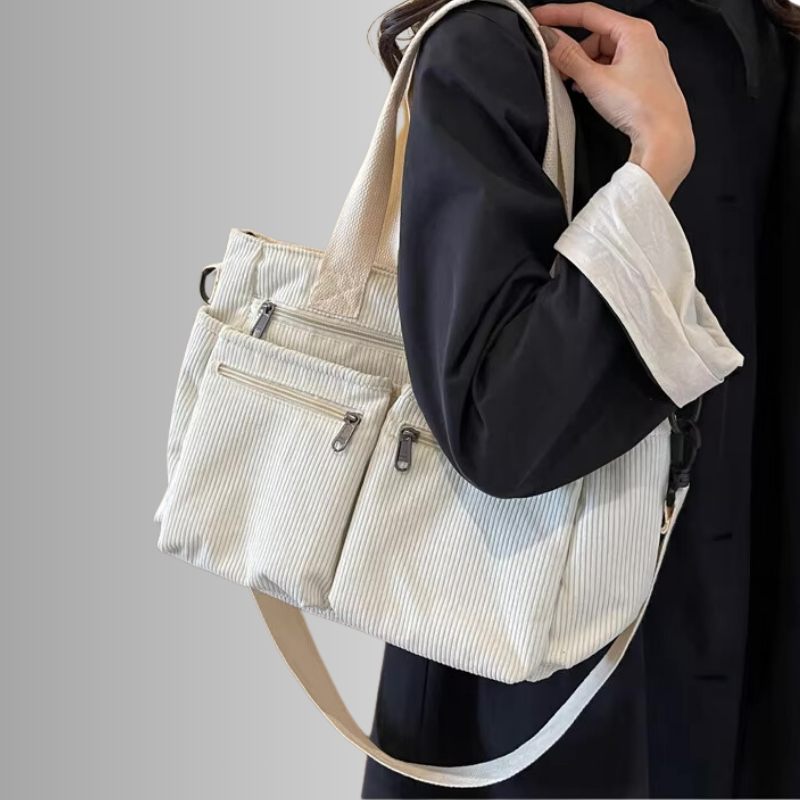 Women's casual corduroy shopper bag with zippered compartments and shoulder strap