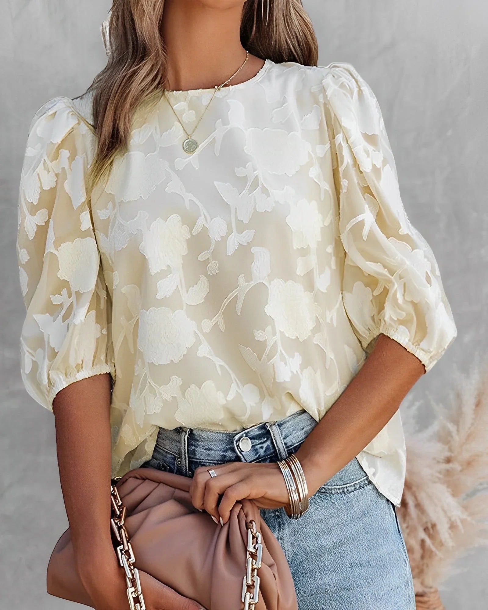 Blouse à motif floral avec manches bouffantes pour femmes