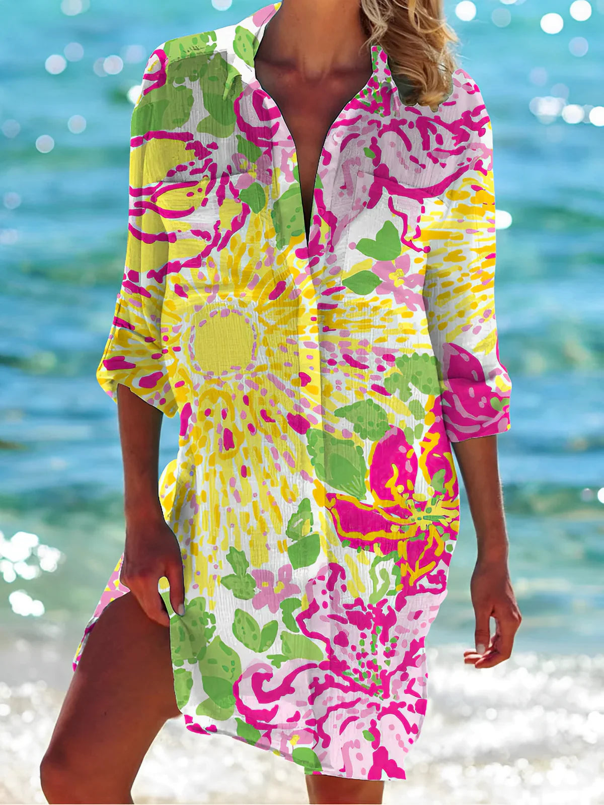 Luchtige Strandtuniek Met Abstracte Print Over Je Bikini Voor Dames