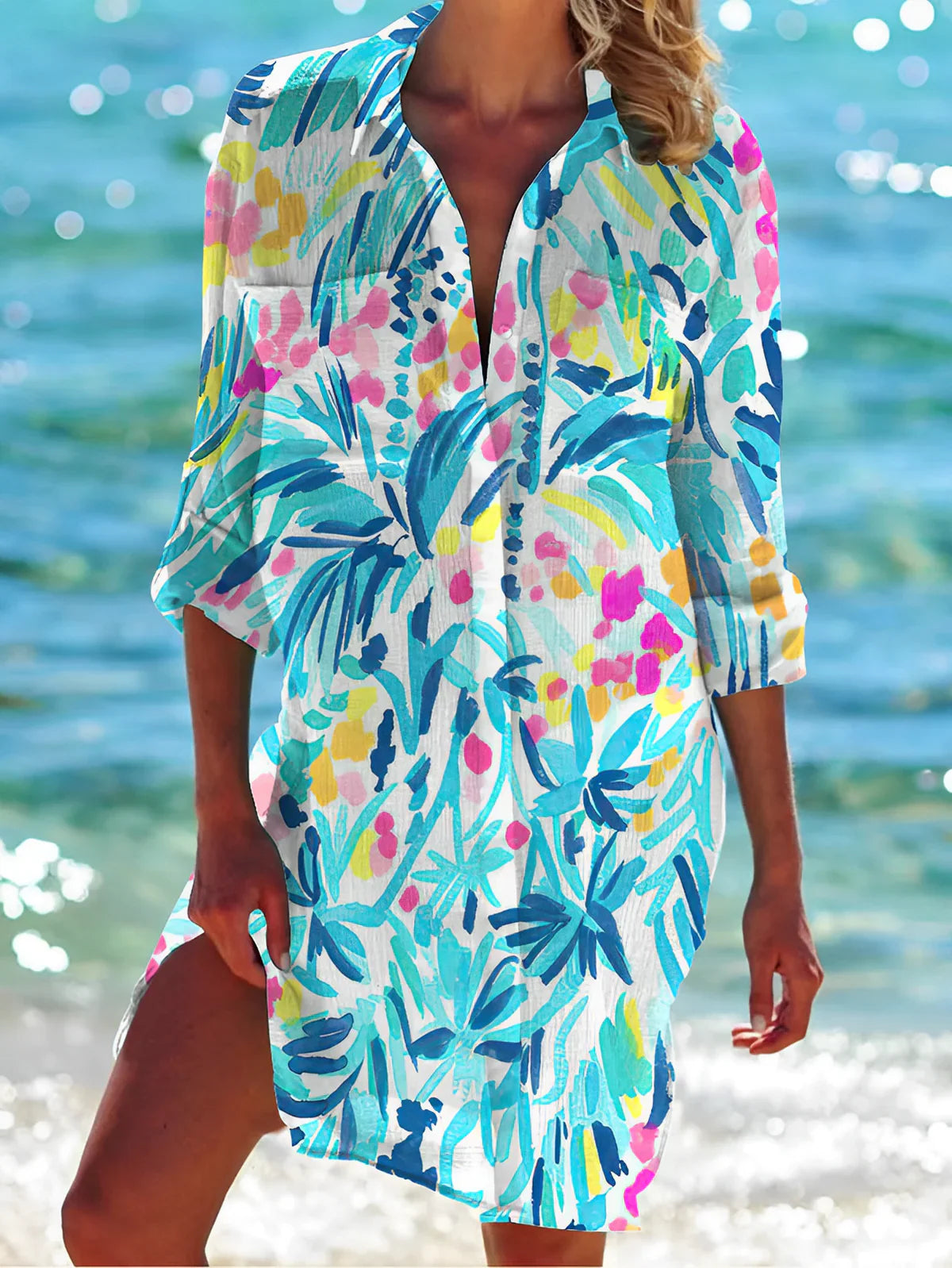 Luchtige Strandtuniek Met Abstracte Print Over Je Bikini Voor Dames