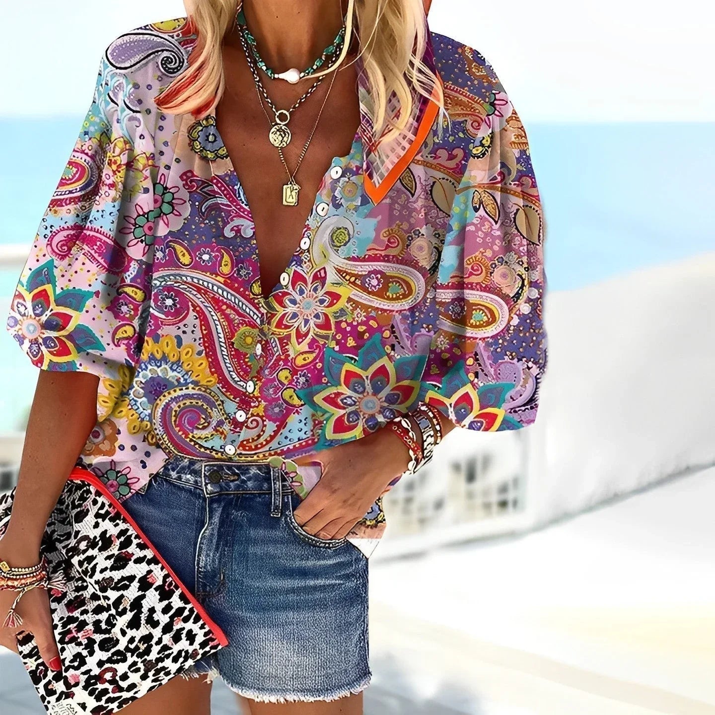 Boho Blouse with Paisley Print and Short Sleeves for Women