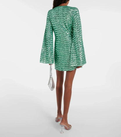 Elegante Glitter Vrouwen V Hals Lange Mouwen Mini Cocktailjurk