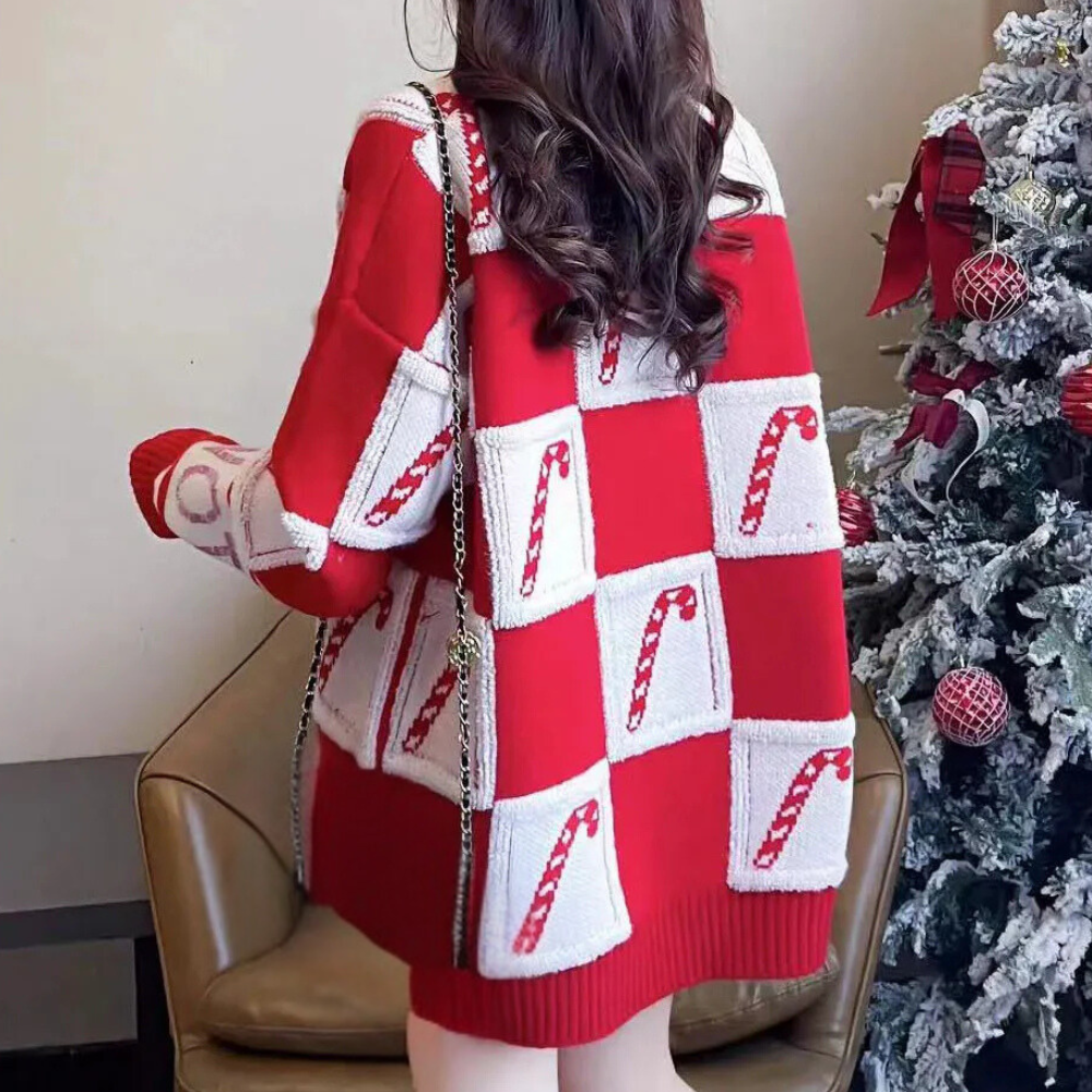 Rode Oversized Kersttrui voor Dames met Candy Cane Print