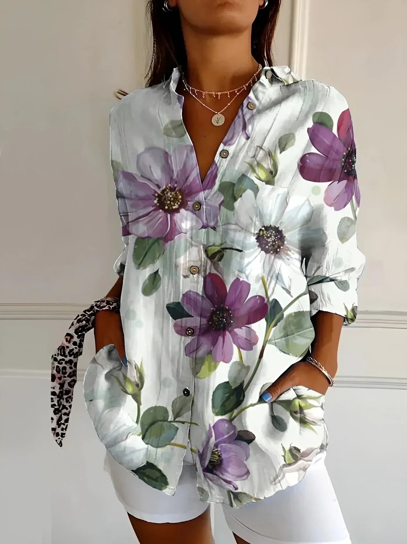 Blouse à imprimé floral avec manches longues pour femmes