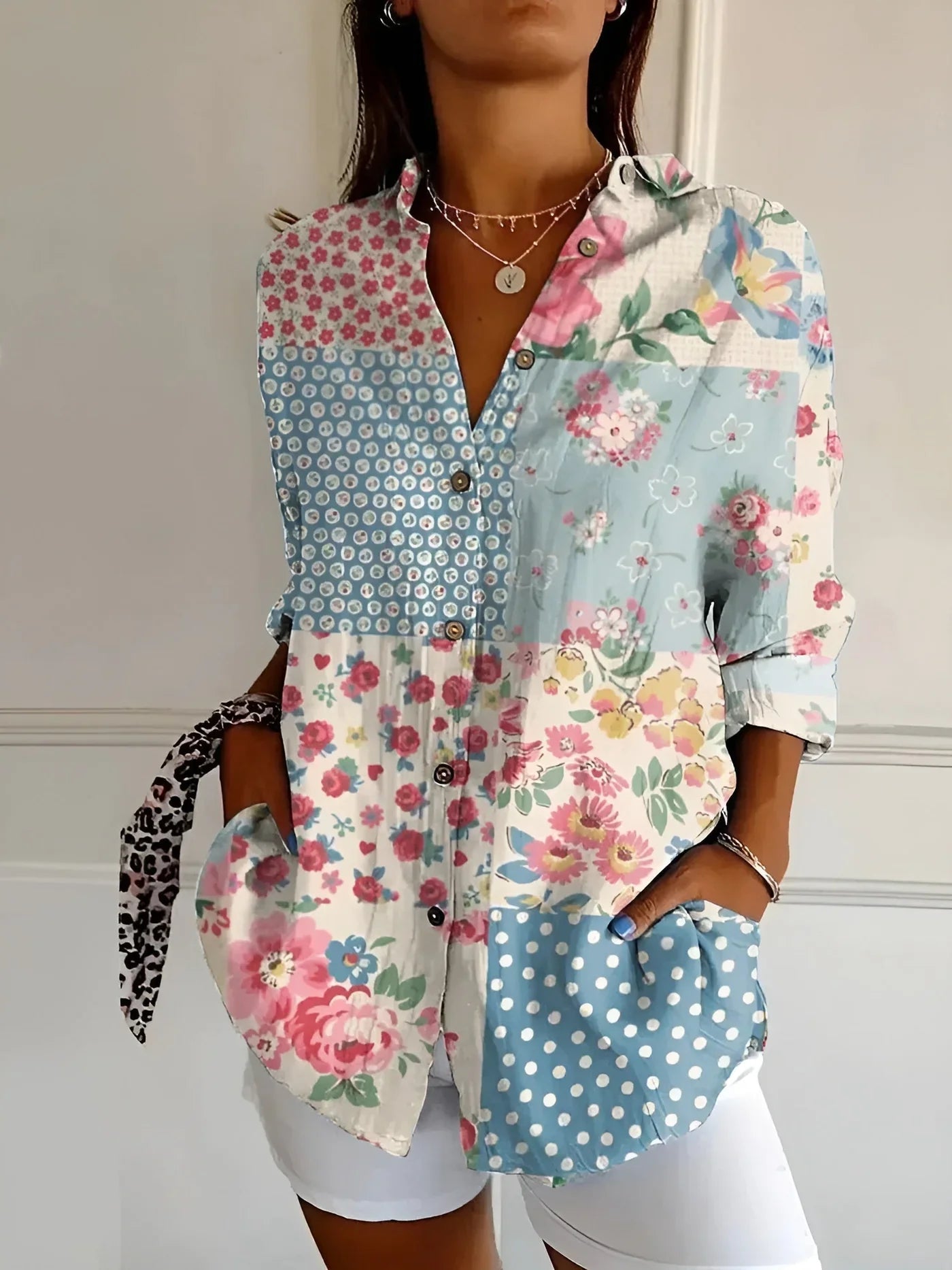 Blouse à imprimé floral avec manches longues pour femmes