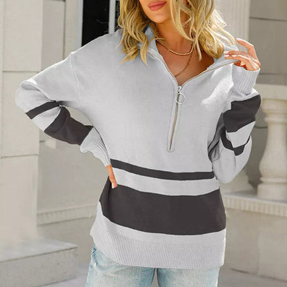 Winterse Oversized Gebreide Dames Trui met Rits en Strepen