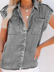 Sleeveless Denim Blouse with Chest Pockets for Women