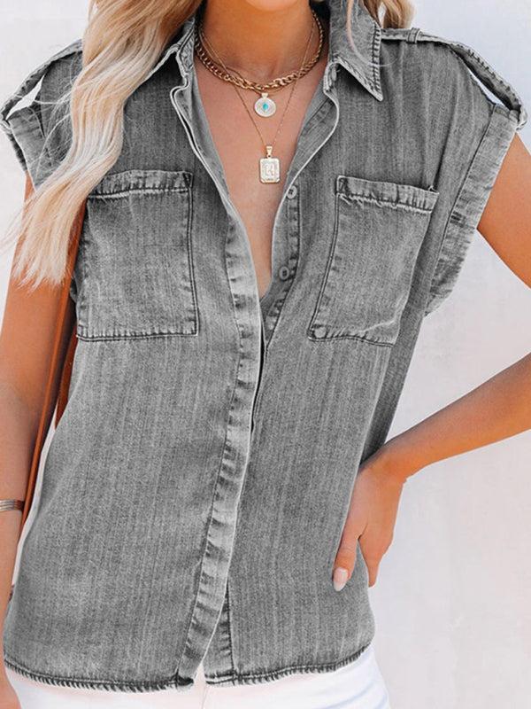 Sleeveless Denim Blouse with Chest Pockets for Women