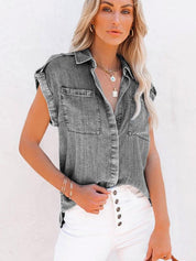 Sleeveless Denim Blouse with Chest Pockets for Women