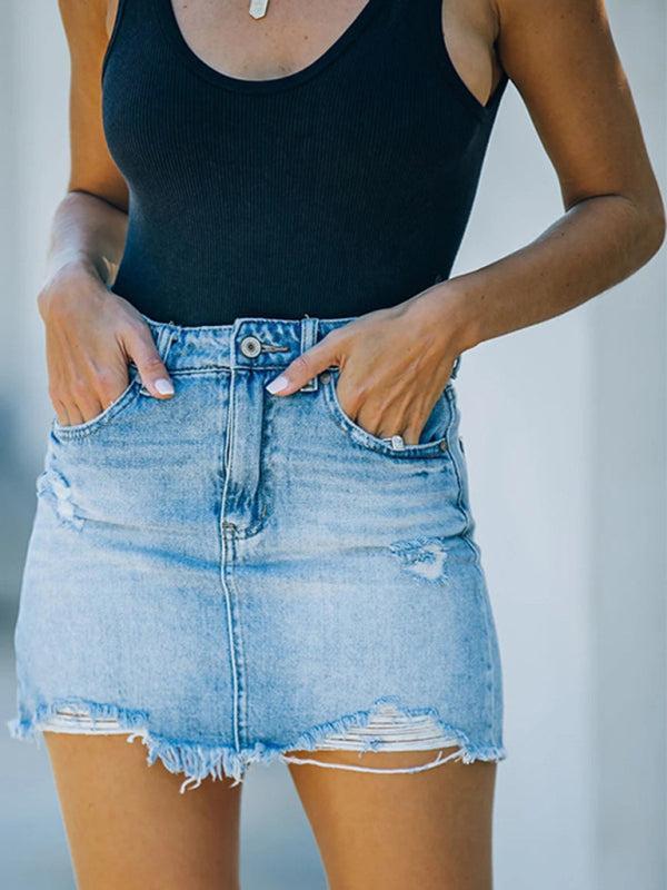 Denim Mini Skirt with High Waist and Distressed Details for Women