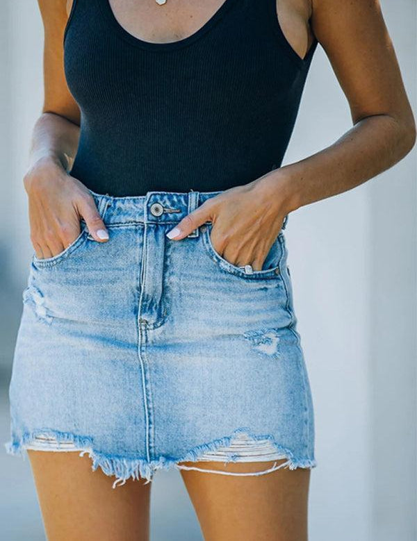 Qara Skirt | Casual Frayed Short Denim Skirt
