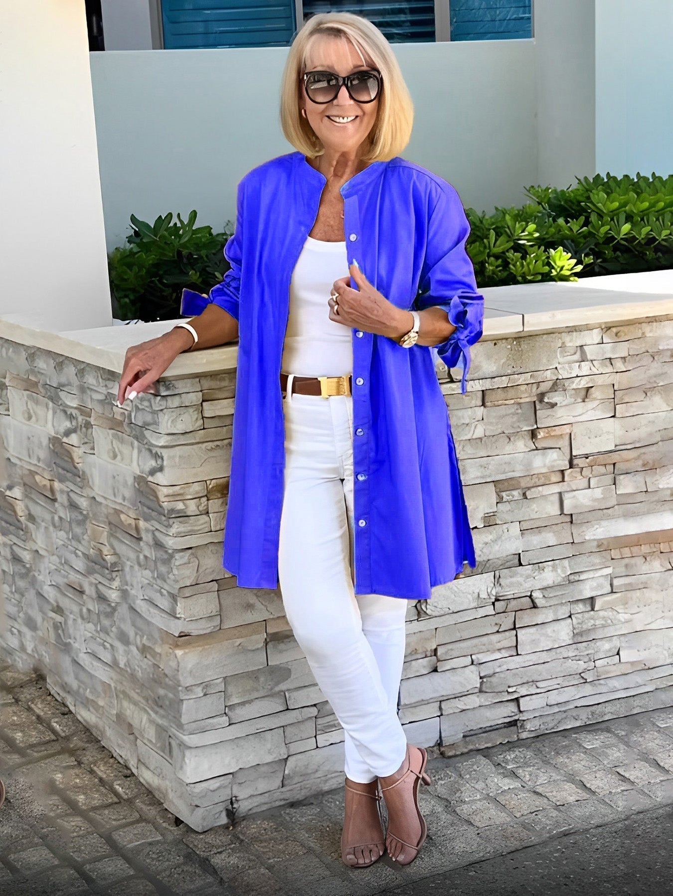Long Blouse with Bow Sleeves and Button Closure for Women