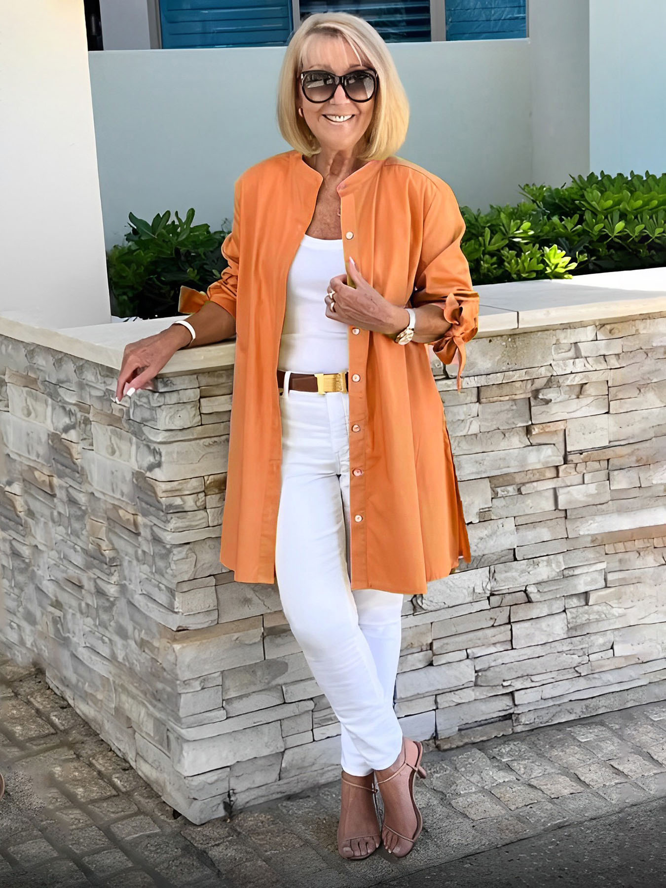 Long Blouse with Bow Sleeves and Button Closure for Women