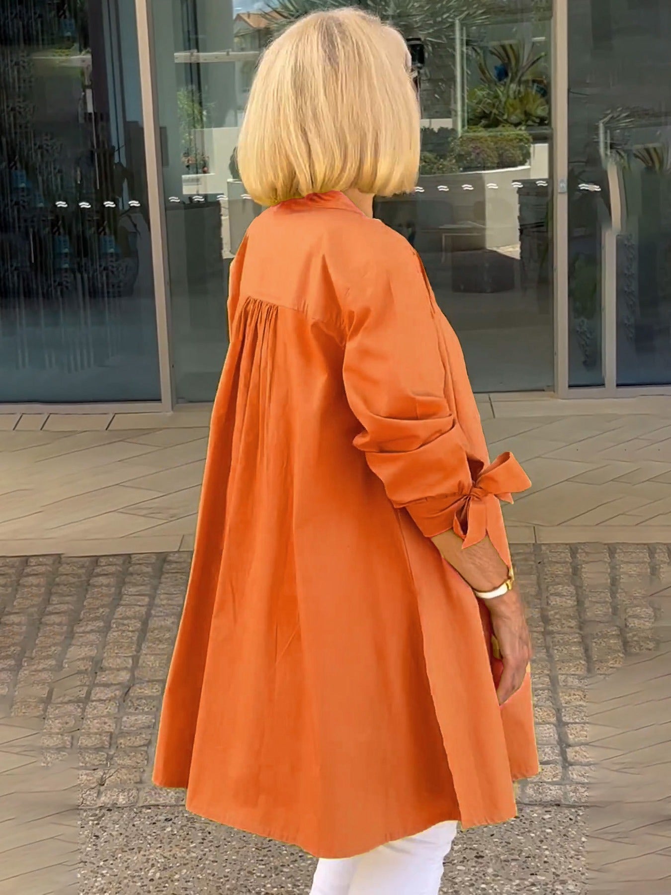 Long Blouse with Bow Sleeves and Button Closure for Women