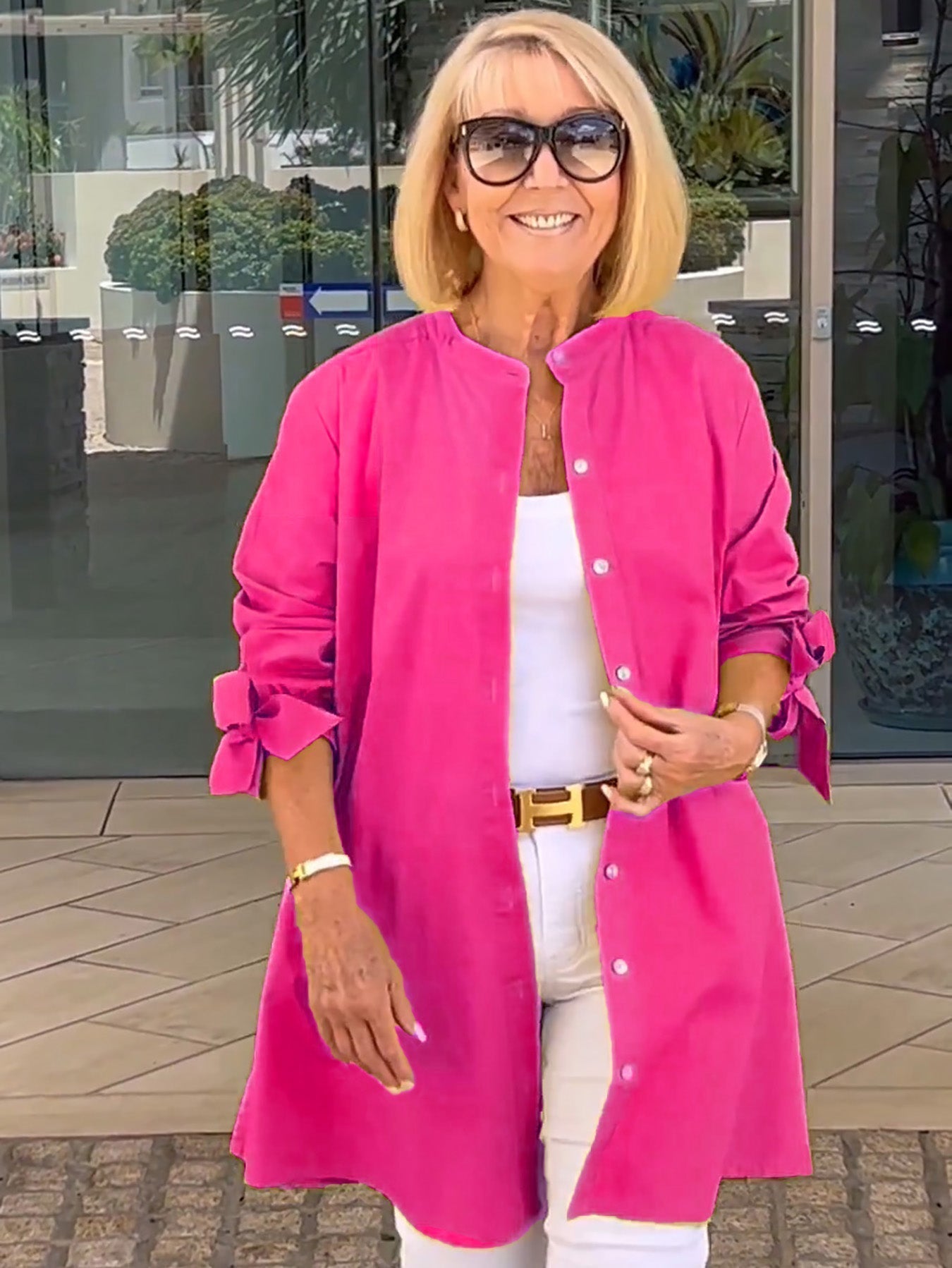 Long Blouse with Bow Sleeves and Button Closure for Women