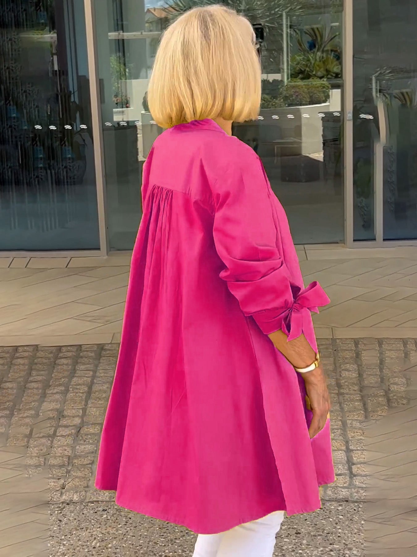 Long Blouse with Bow Sleeves and Button Closure for Women