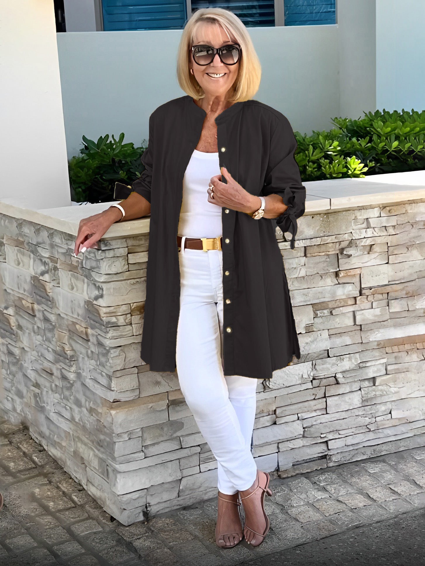 Long Blouse with Bow Sleeves and Button Closure for Women