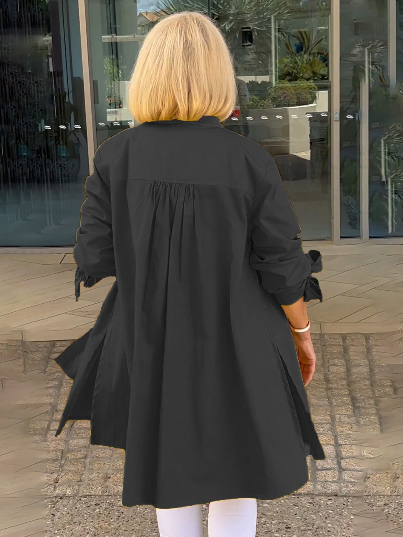 Long Blouse with Bow Sleeves and Button Closure for Women