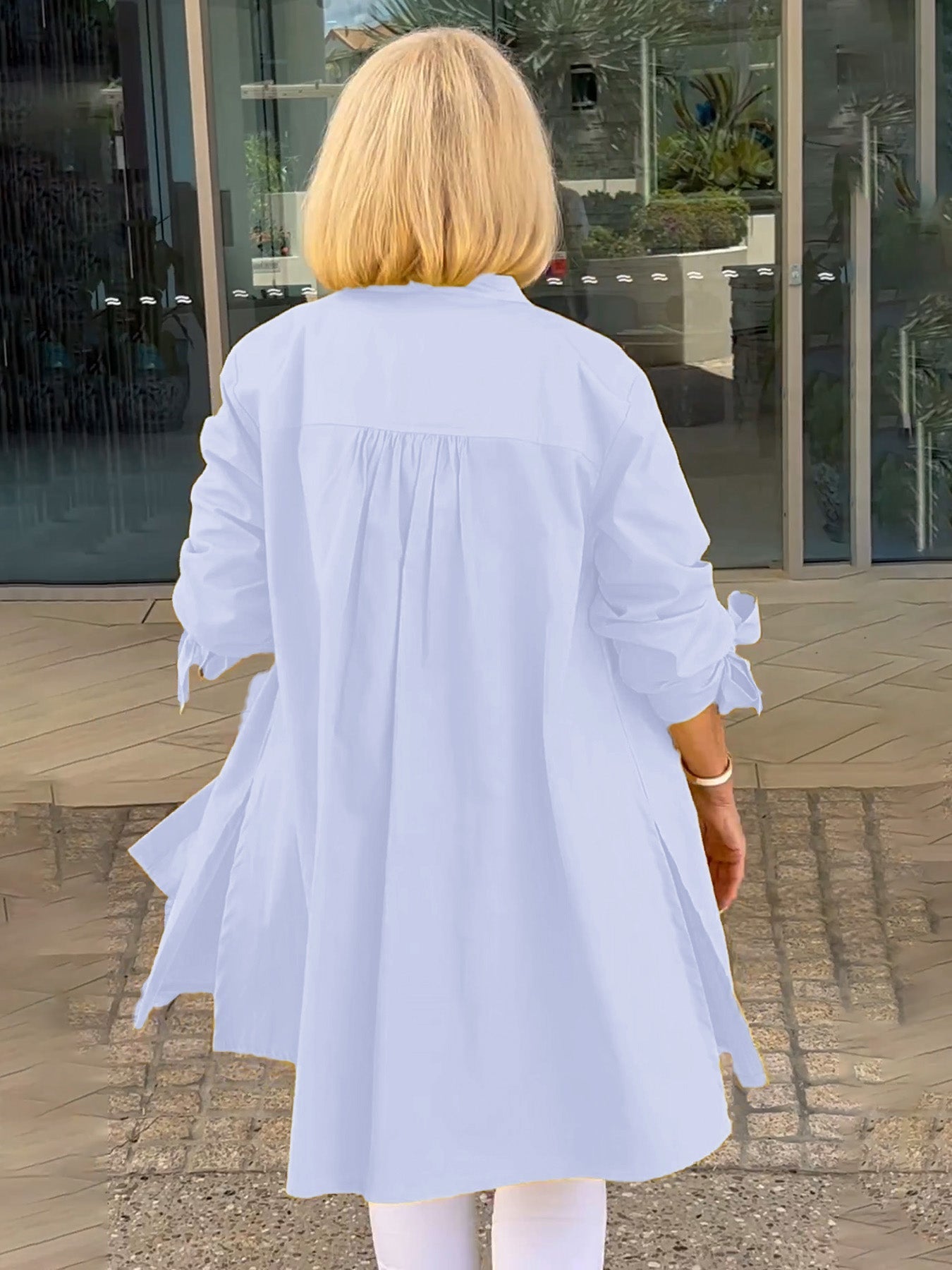 Long Blouse with Bow Sleeves and Button Closure for Women