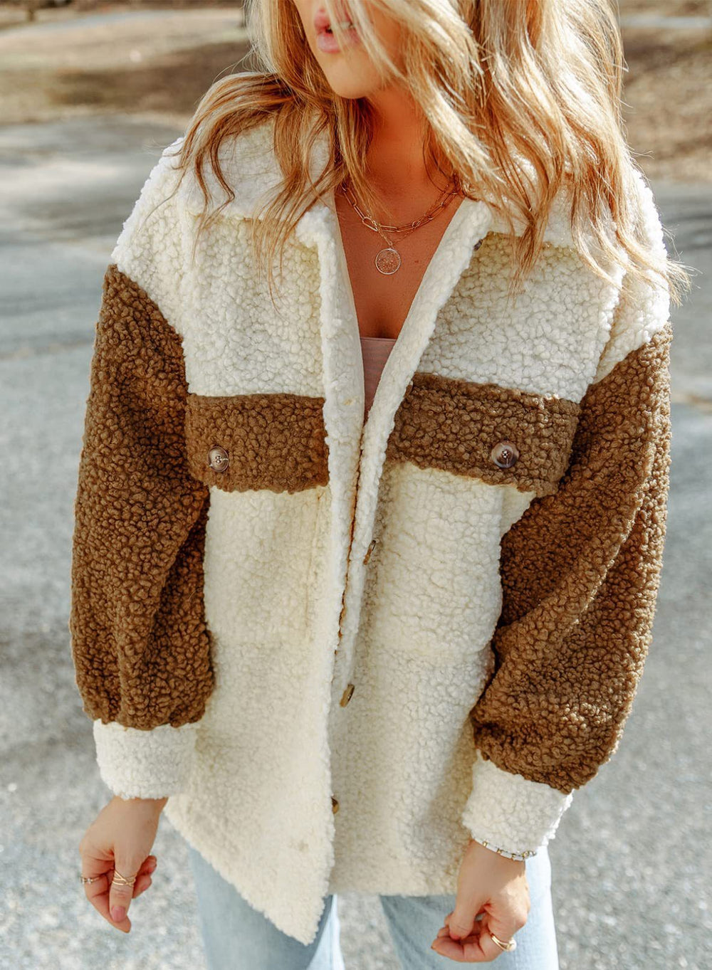 Veste teddy polaire hiver colorblock avec boutons pour femmes