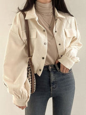 Women's Short Corduroy Jacket with Button Closure
