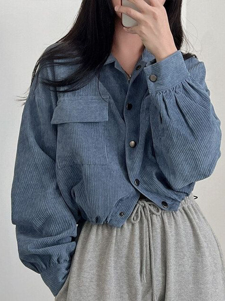 Women's Short Corduroy Jacket with Button Closure