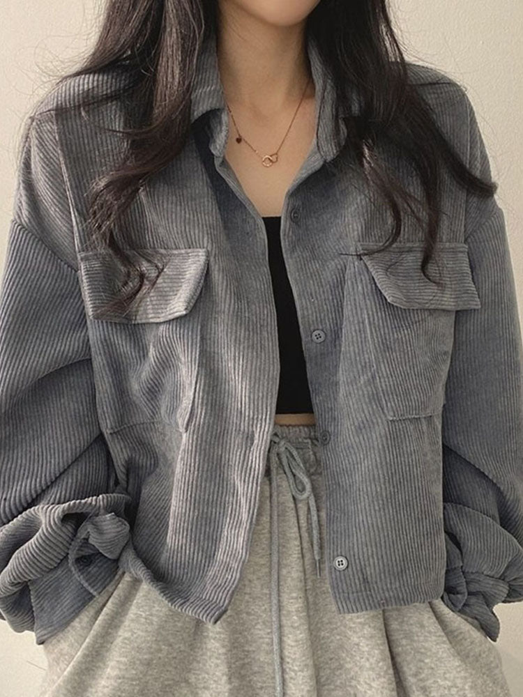 Women's Short Corduroy Jacket with Button Closure