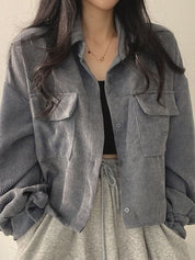Women's Short Corduroy Jacket with Button Closure
