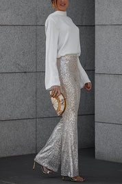 Dames Glitter Pailletten Flare Broek Met Elastische Taille