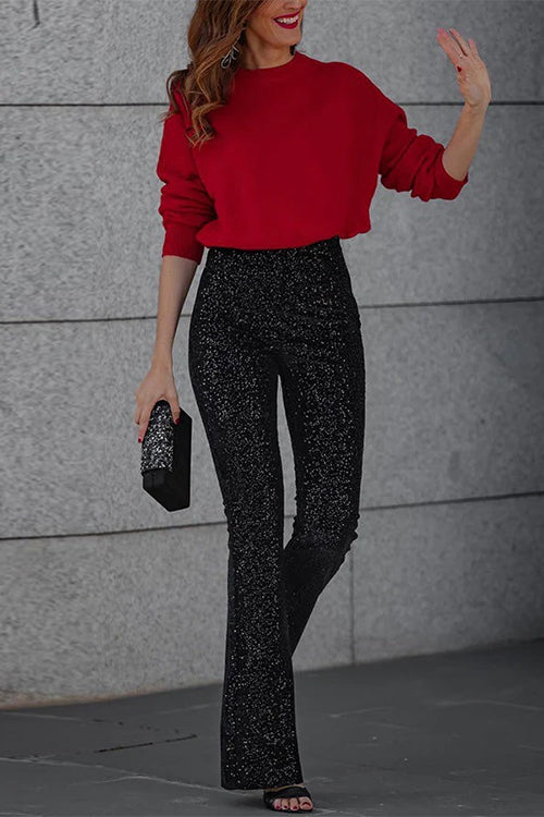 Dames Glitter Pailletten Flare Broek Met Elastische Taille