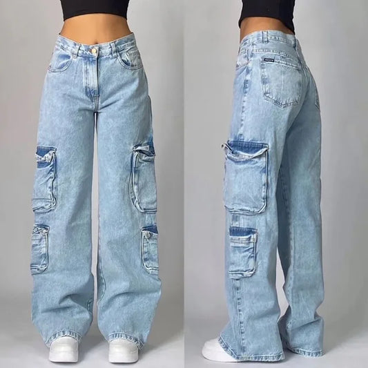 Dames Denim Baggy Jeans met Cargozakken en Wijde Pijpen
