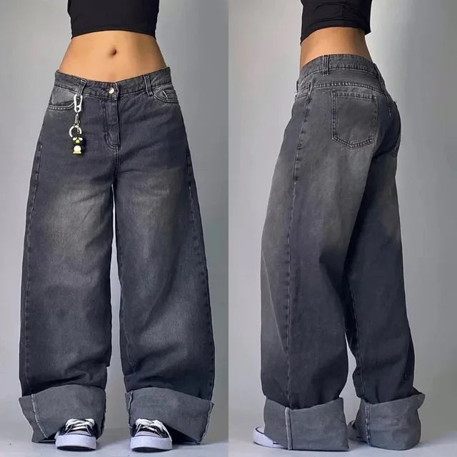 Dames Denim Baggy Jeans met Cargozakken en Wijde Pijpen