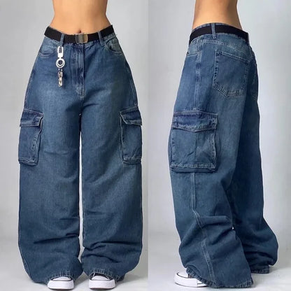 Dames Denim Baggy Jeans met Cargozakken en Wijde Pijpen