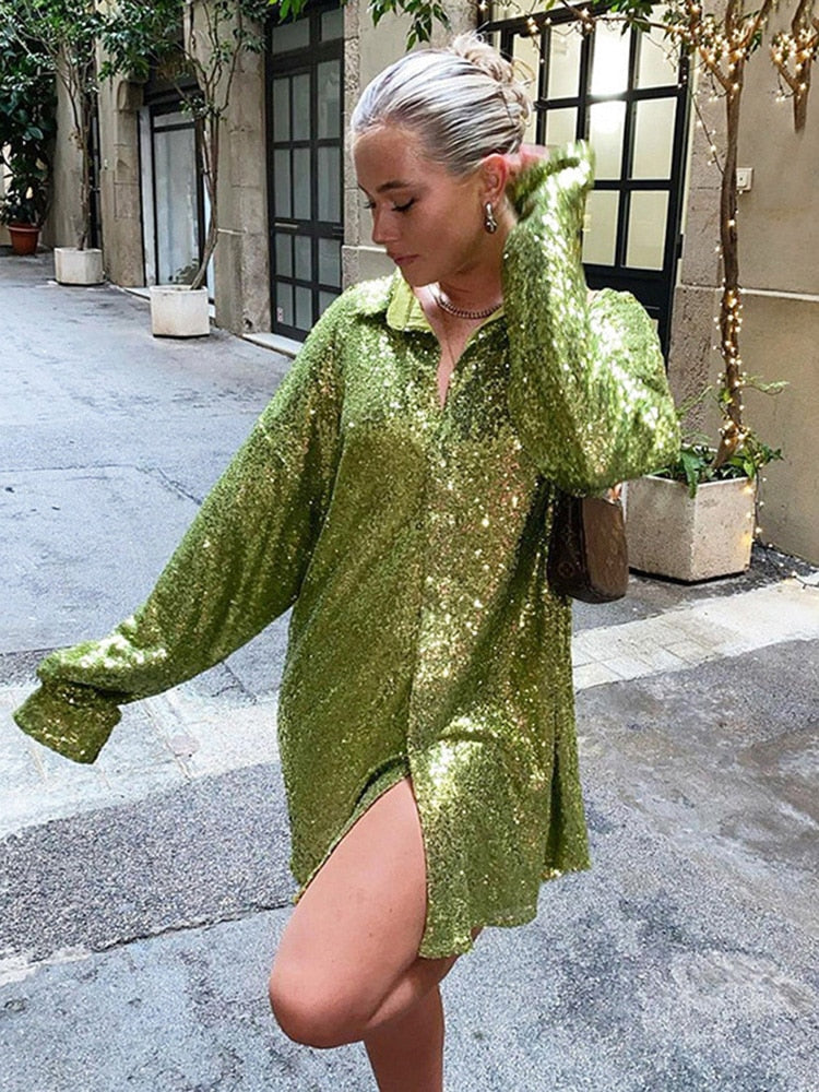 Dames Feestelijke Oversized Blouse met Pailletten en Kraag