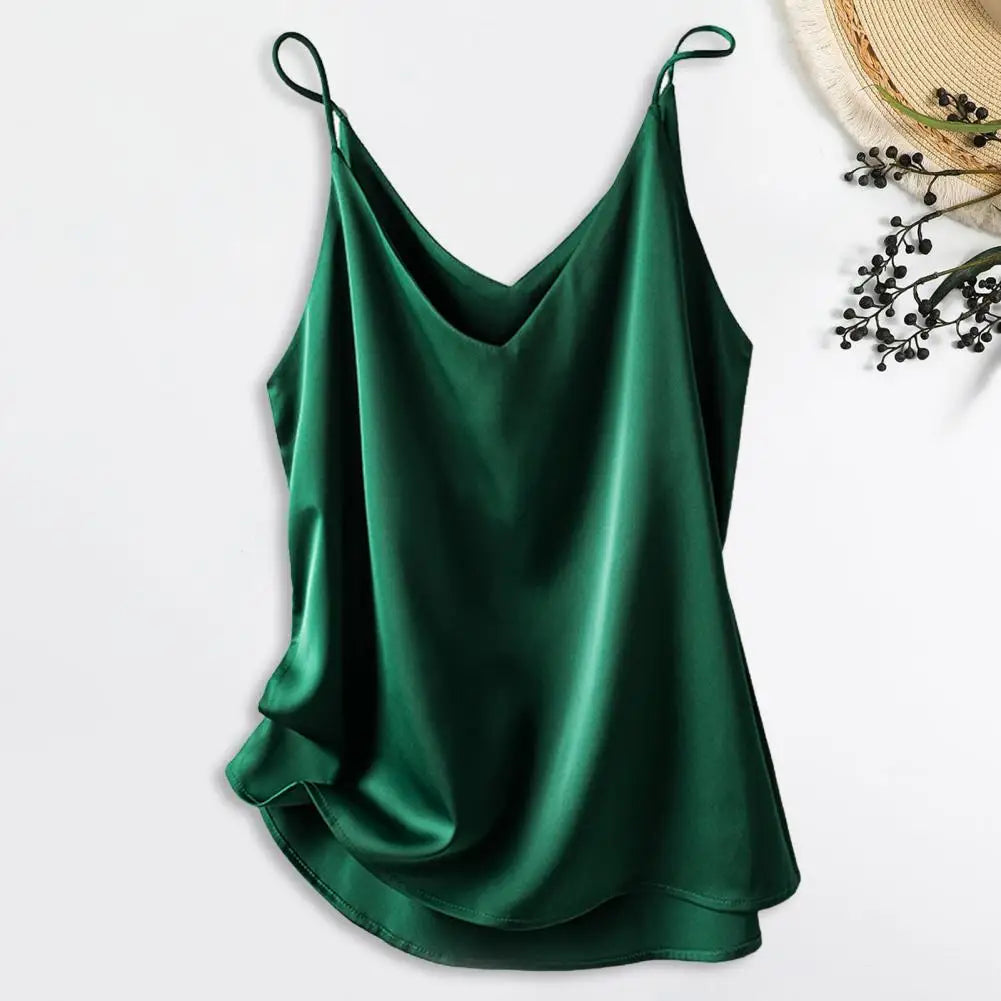 Airy Women's Satin Top with Spaghetti Straps and Waterfall Neckline