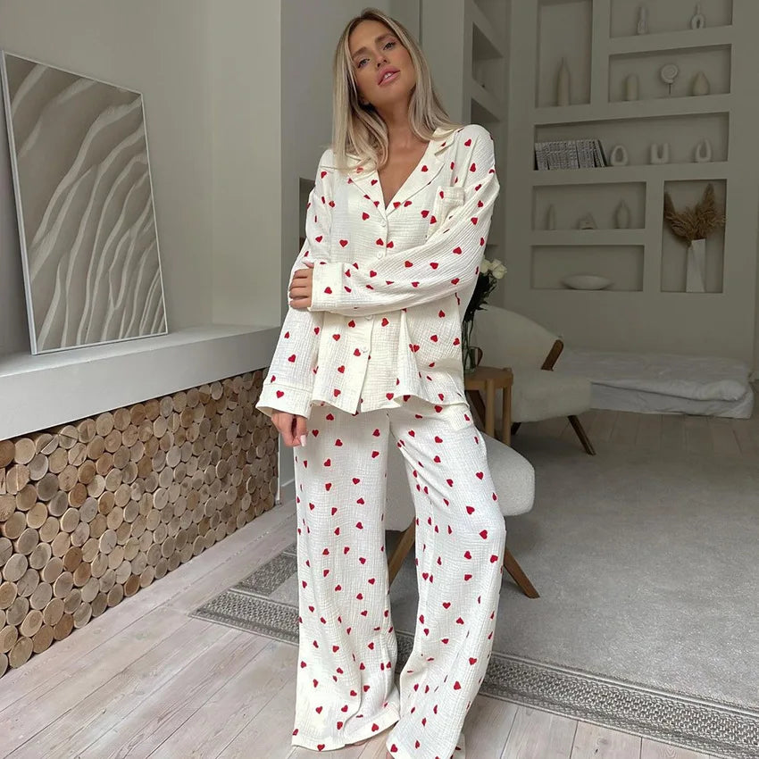 Soft Two-Piece Pajama Set for Women with Heart Print and Button Closure