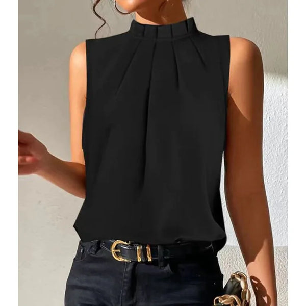 Elegant Blouse With High Neck Sleeveless Or Short Sleeve