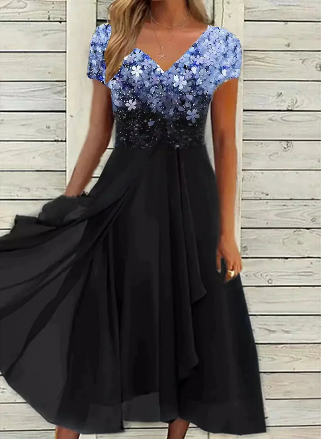 Midi Dress with Floral Print and V-Neck