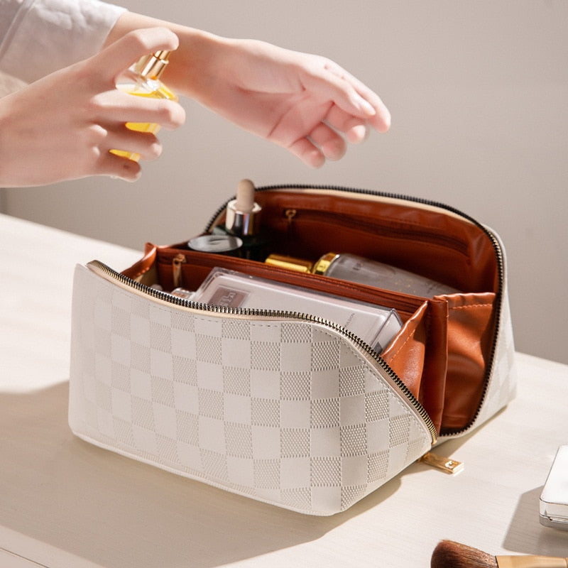Luxe Geruite Make-up Tas Voor Dames Met Rits En Handvat
